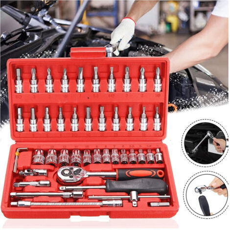 Coffret 46 Clés à Douille Avec Cliquet Tournevis Hexagonal 1/4" Tube