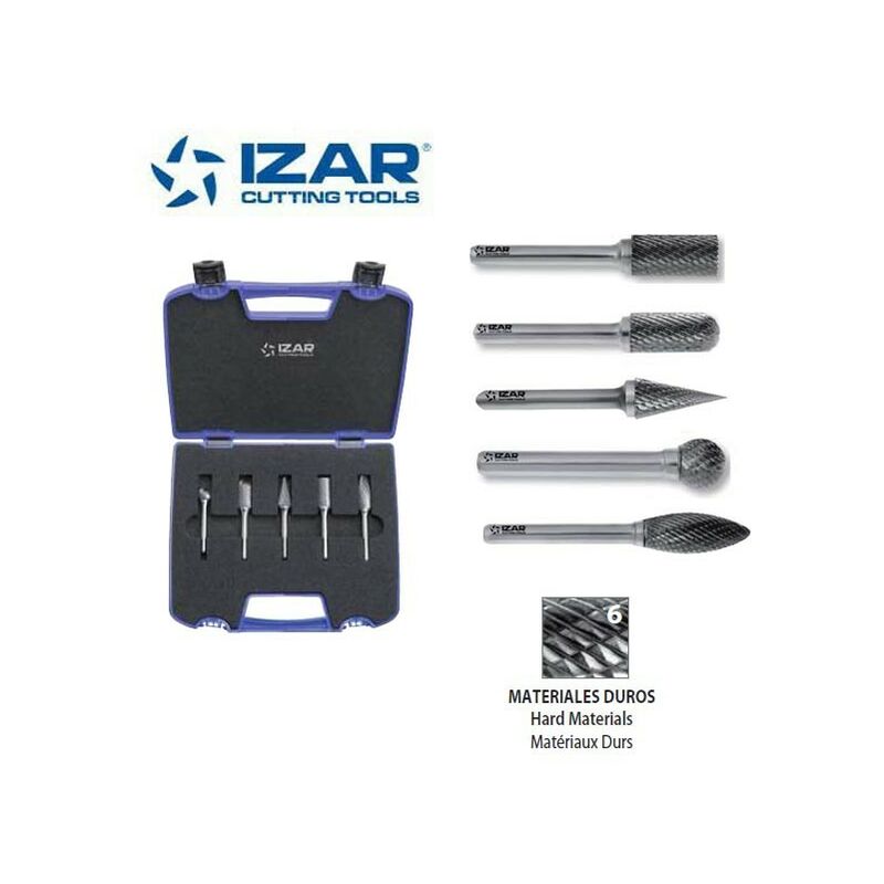 Coffret 5 fraises limes rotatives carbure 9.6 mm Izar sur tige 6 mm denture 6