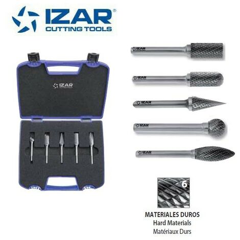 coffret 5 fraises limes rotatives carbure 9.6 mm Izar sur tige 6 mm denture 6