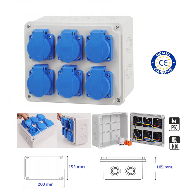 Adelid - Coffret 6 prises étanches 2P+16A précâblées - IP54 / IP65
