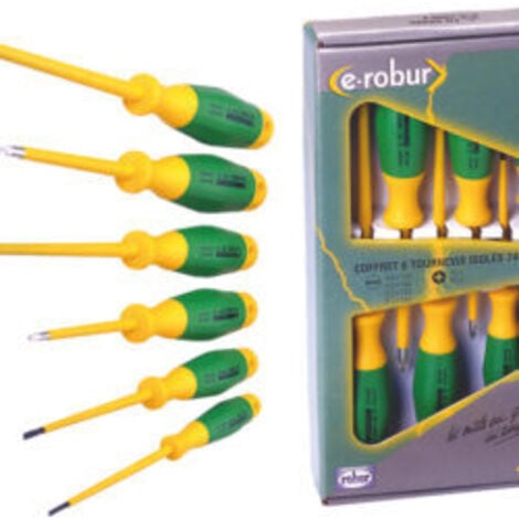 E-ROBUR Coffret 6 tournevis isolés bimatière. pz 1 - pz 2,plat 3 x 100 - 4 x 100 - 5,5 x 125 - 6,5 x 150 mm