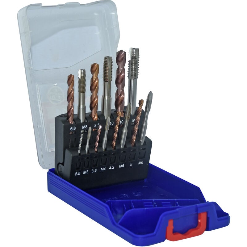 Tivoly - Coffret pro 14 Pièces • 7 Tarauds Machines hss M3 à M12 • 7 Forets Métaux hss Ø2,5mm à Ø10,2mm • Longue Durée de Vie • Fabriqué en France •
