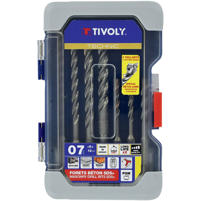 Tivoly - Coffret 7 Forets Béton 3 Taillants Auto-Centrants • Queue sds+ • Ø5mm à Ø12mm • Pour Forage Béton Armé