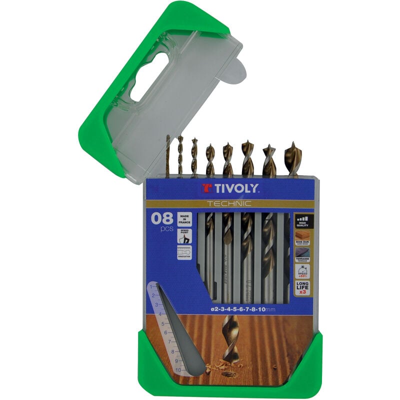 Tivoly • Coffret de 8 Forets Bois Technic Gradués contenant les Ø2-3-4-5-6-7-8-10mm