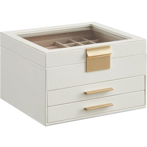 Coffret à bijoux à trois niveaux - Couvercle en acrylique - Double tiroir - Grand espace de rangement - Style moderne - Cadeau idéal pour vos proches - Or blanc nuage