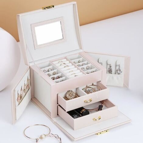 Coffret à bijoux avec 2 Tiroirs, Coffre à bijoux verrouillable avec Miroir, Boîte de voyage portable, Doublure en velours, Blanc
