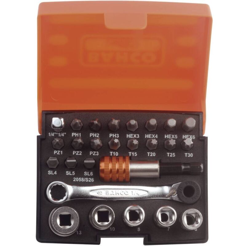 Jeu de clés à douille Bahco 2058/S26 métrique 1/4 (6.3 mm) 26 pièces