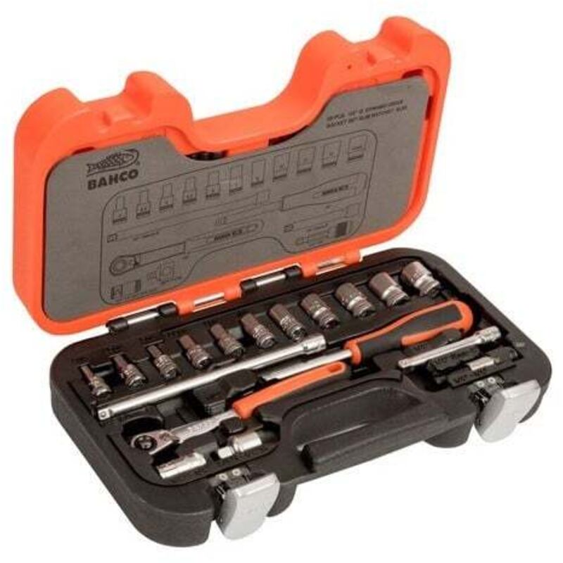 Coffret de douilles 1/4 entrainement carré, 6 pans métrique, cliquet à tête fine - Bahco