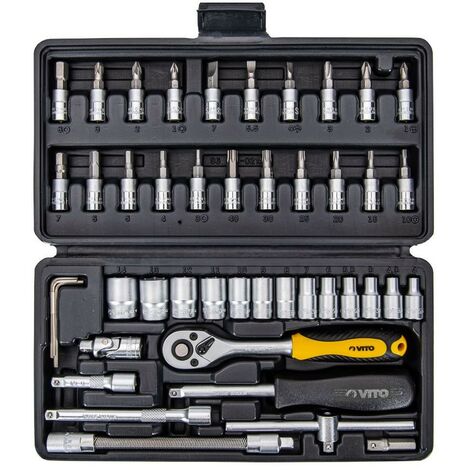 45 Piece 1//4 Pouces Hex-Chrome Vanadium Cliquet Tournevis Bit /& Socket Set