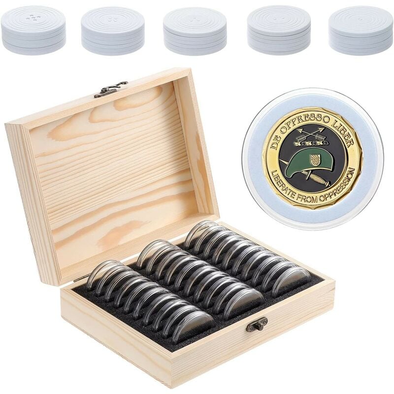 Coffret à monnaie, 30 Pièces en Bois Boîte de Rangement de Pièces, 20mm/25mm/30mm/35mm/40mm