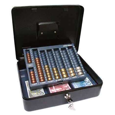 Coffret à monnaie avec monnayeur – 3 compartiments billets – 8 compartiments pièces – Serrure à clé pour sécurité – Dimensions H 9 x L 30 x P 24 cm – Wonday