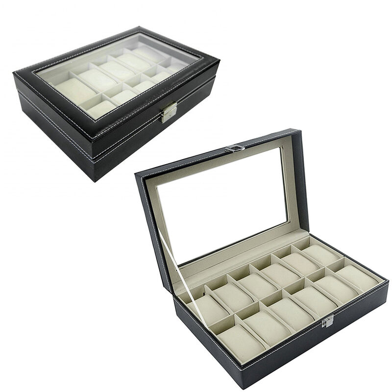Coffret à Montre Vitrine de Montres avec 12 Compartiments Montres Boîte avec Coussin Amovible