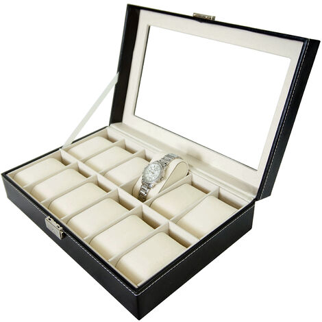 Coffret à Montres, Boite pour Montres et Bracelets, Noir/Beige, 12 montres et vitre, Dimensions: 30 x 20 x 8 cm