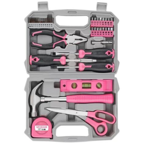 Coffret à outils : Coffret à outils complet pour bricoler soi-même, kit d'outils rose professionnel, maison, bureau