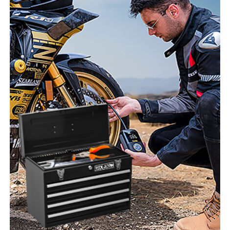 Coffret à outils métallique de 51 cm avec 4 tiroirs. Portable. Doublure de protection. Fermetures et verrous métalliques. Noir.