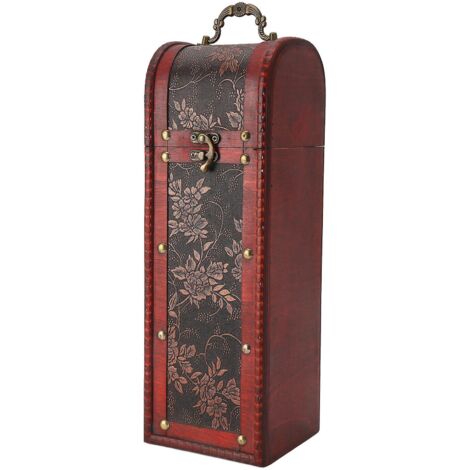 Coffret à vin ancien pour 1 bouteille, motif floral, décoratif et rétro, avec poignée, idéal comme cadeau pour la maison, un mariage ou une pendaison de crémaillère.