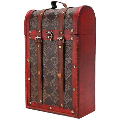 Coffret à vin vintage pour 2 bouteilles, en similicuir à carreaux, style rétro, avec décoration en bois, idéal comme cadeau.
