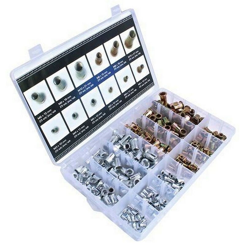 Coffret assortiment de 300 inserts filetes acier galvanise de 3 à 10 mm