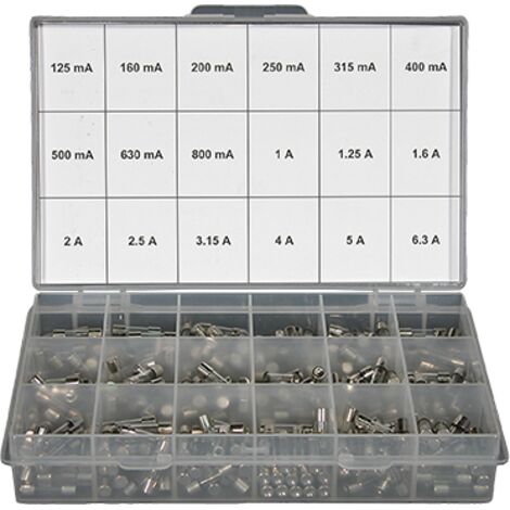 Coffret assortiment de 360 fusibles verres (20 pces de chaque calibre) 5x20 rapides