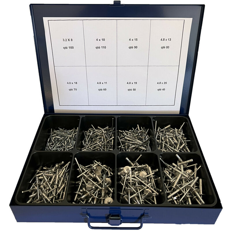 Coffret metallique assortiment de 600 rivets 3.2 à 4.8 tete std et extra large