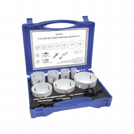 Coffret bâtiment 7 scies trépan 22/35/43/51/68/76/83 mm + Arbre de montage 14 à 30 mm mm