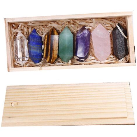 Coffret cadeau en bois de 7 pièces comprenant un pilier en cristal naturel à double pointe, une baguette de cristal de guérison pour la décoration de la maison et de la chambre, et un cadeau idéal pou