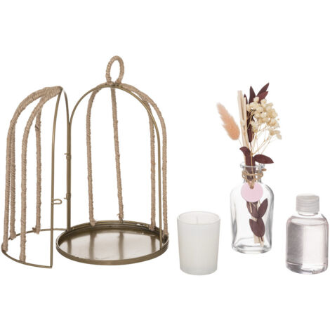 Coffret Cage en métal Diffuseur de parfum Fleur de lin avec bâtonnets et Bougie - Atmosphera