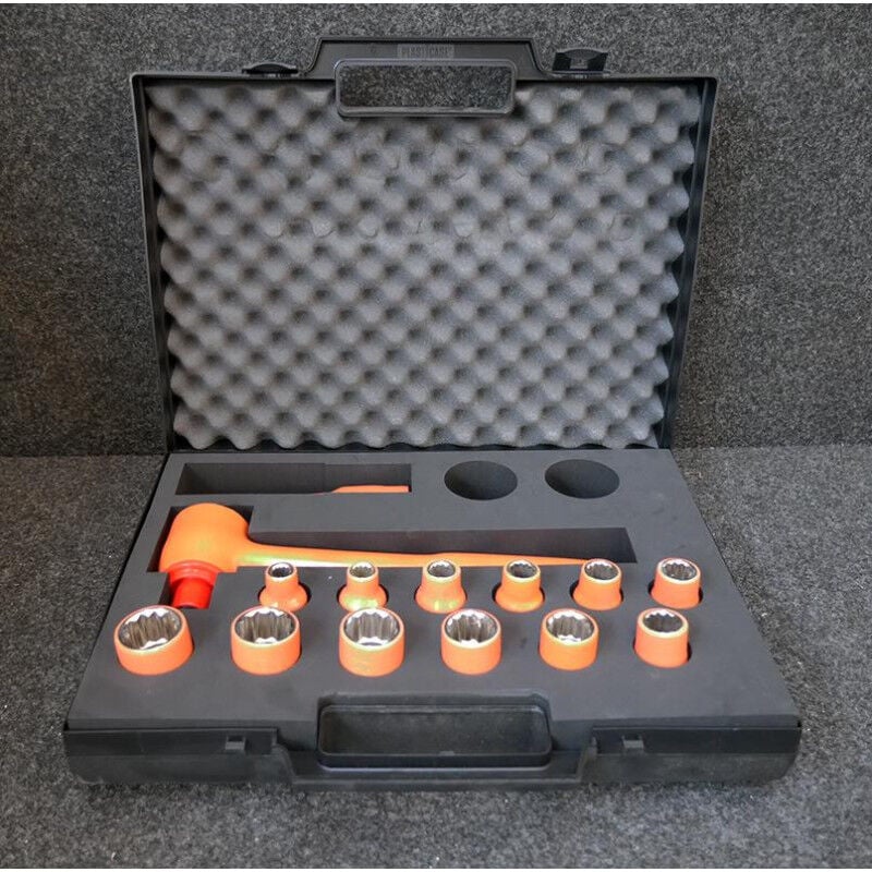 Coffret clé à cliquet isolé 1000V orange carré 1/2' (12.7mm) + 12 douilles 12 pans + prolongateur Derancourt