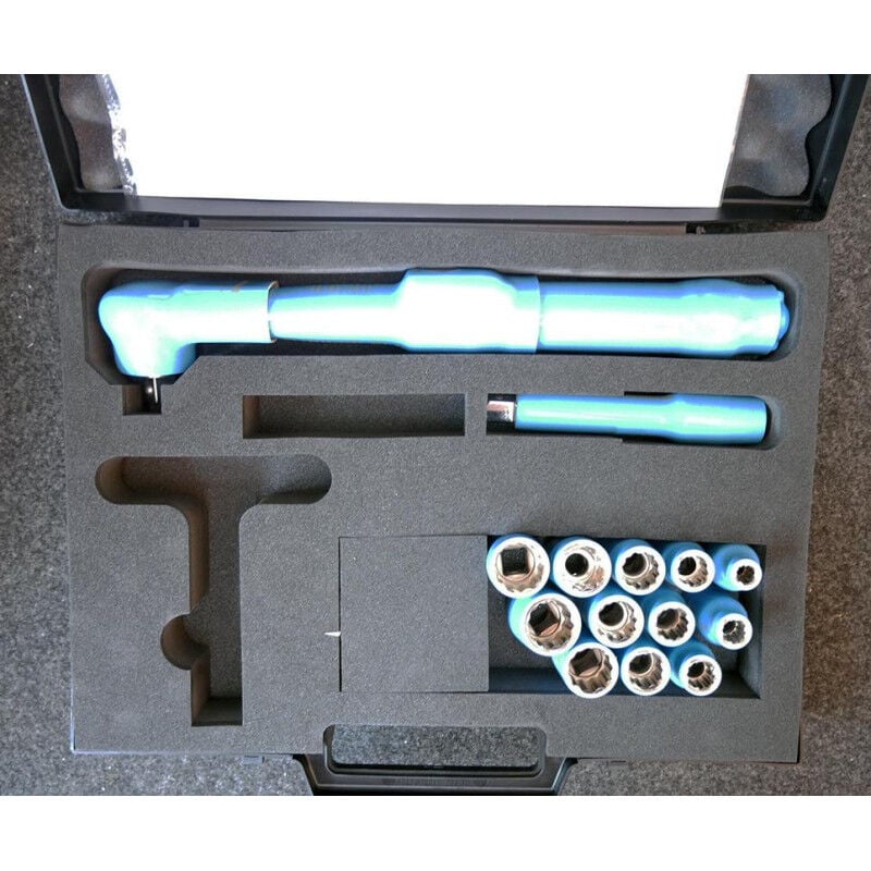Coffret clé dynamométrique à cliquet 8-60Nm isolé bleu carré 1/2 + 12 douilles 12 Pans + prolong atex i Derancourt