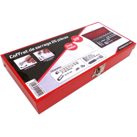 Coffret cliquet et 18 douilles 3/8' en chrome-vanadium – Poignée coulissante et rallonges 40/75/150 mm – Rangement pratique
