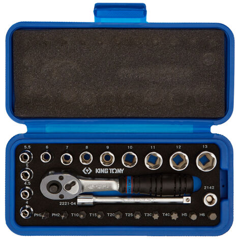 Coffret cliquet et douilles 1/4' – 25 pièces – Douilles 6 pans DIN 3124 – Rallonge 100 mm – Embouts de vissage PH et TORX – King Tony