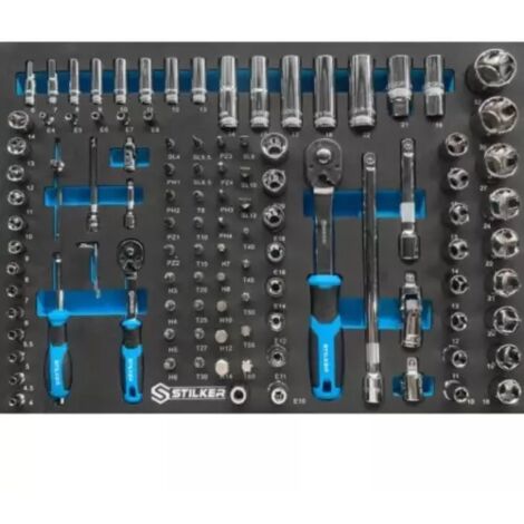 Coffret multi-outils 109 pièces – Module mousse 550x400mm – 17 douilles 1/2'' et 1/4'' – 2 rallonges 1/2'' et 1/4'' – Outils pour travaux intensifs – Stilker