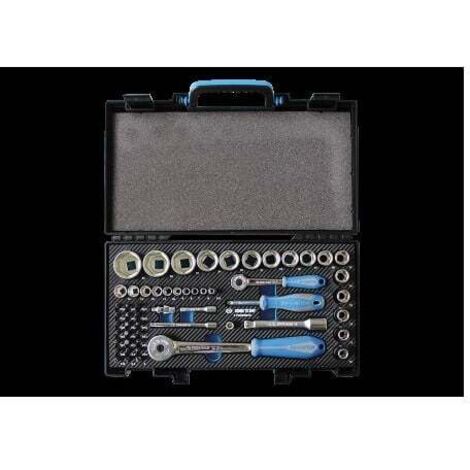 Coffret cliquet et douilles 55 pièces – Douilles 6 pans métriques – Cliquets 1/4' et 1/2' avec angle de reprise 5° – Coffret en plastique robuste – King Tony