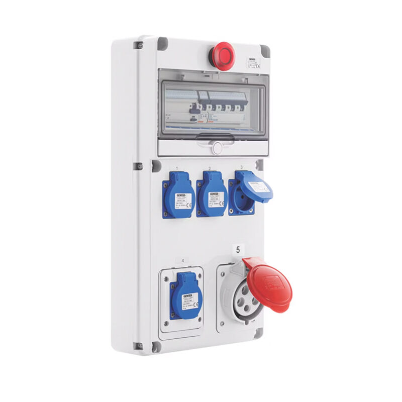 Coffret de chantier triphasé IP44 avec différentiel 3MA, 4 prises 230V 16A, 1 prise 400V 32A et arrêt d'urgence intégré Gewiss