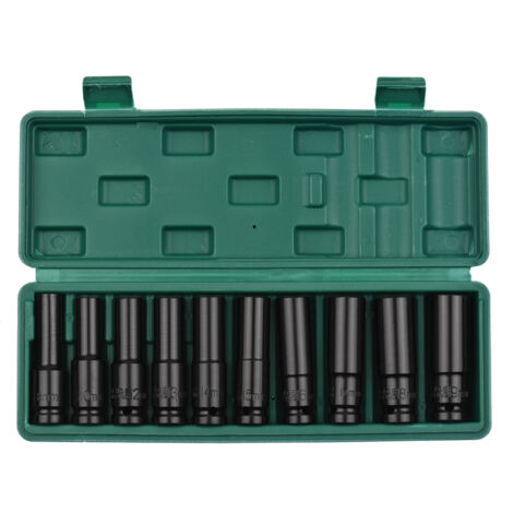 Coffret de 10 douilles à impact hexagonales 1/2 pouce, douilles profondes de 8 à 19 mm, en acier CR-V, avec boîte de rangement.