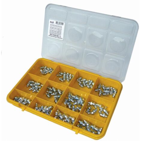 Coffret de 100 graisseurs hydrauliques pour machines – Acier zingué – Filetage métrique et gaz – Bec droit et coudé – 7035000 – Algipro