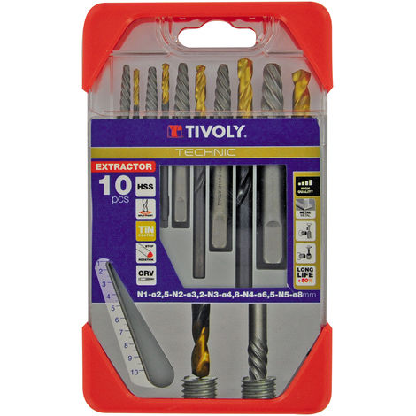 Coffret de 10PCS, contenant 5 Extracteurs de goujons et vis cassées N1, N2, N3, N4, N5 et 5 Forets HSS STEAM TIN