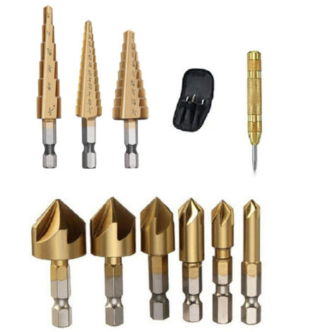 Coffret de 11 forets étagés en acier rapide avec poinçon central automatique à ressort et sac de rangement pour bois, métal et plastique