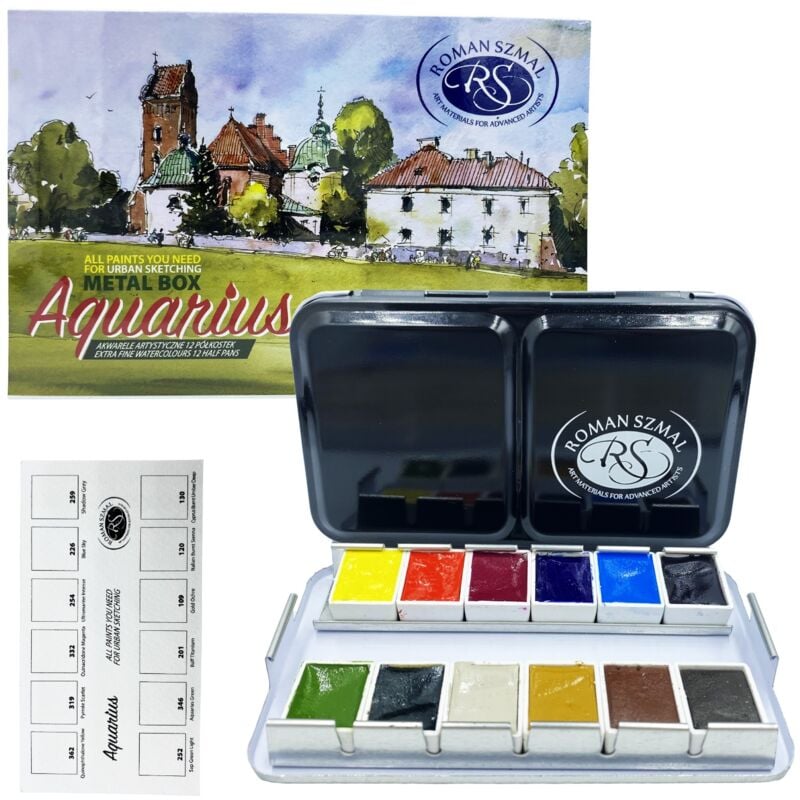 Coffret de 12 aquarelles de Roman Szmal, semi-cubes, cassette métal premium