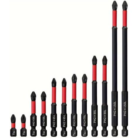 Coffret de 12 forets magnétiques antidérapants, en acier S2, à tête hexagonale, avec embouts Phillips et à percussion. Compatible avec perceuses et tournevis. Fixation sécurisée pour meubles et projet