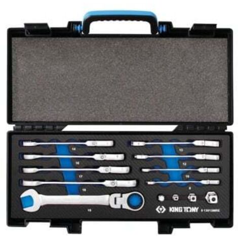Coffret de 13 clés mixtes à cliquet EVAWAVE – Tête articulée pour accès facile – Adaptateurs 1/4', 3/8', 1/2' – Pour espaces restreints – King Tony