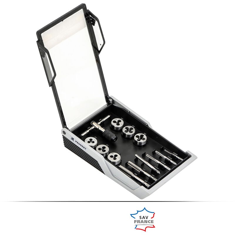 Coffret tarauds et filières de 13 pièces usage courant: 1 porte tarauds + 6 tarauds + 6 filières