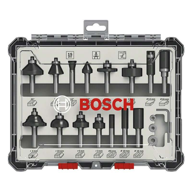 Bosch - Coffret 15 fraises mixtes ‡ queue de 8 mm