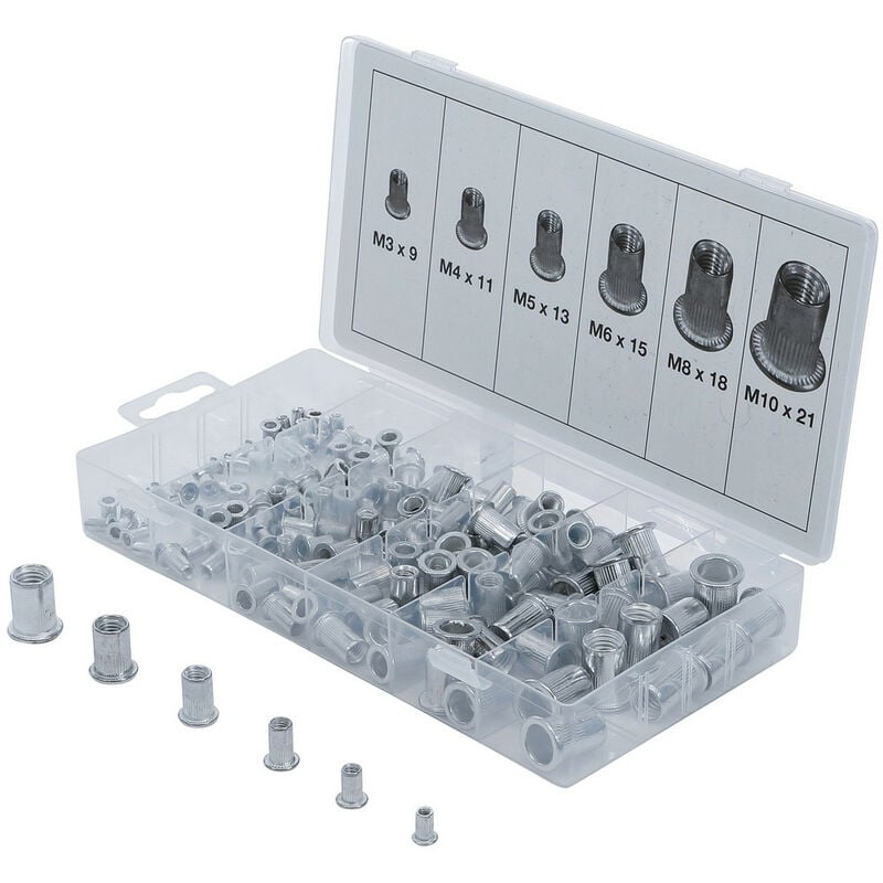 Coffret assortiment de 150 inserts filetes aluminium de 3 à 10 mm