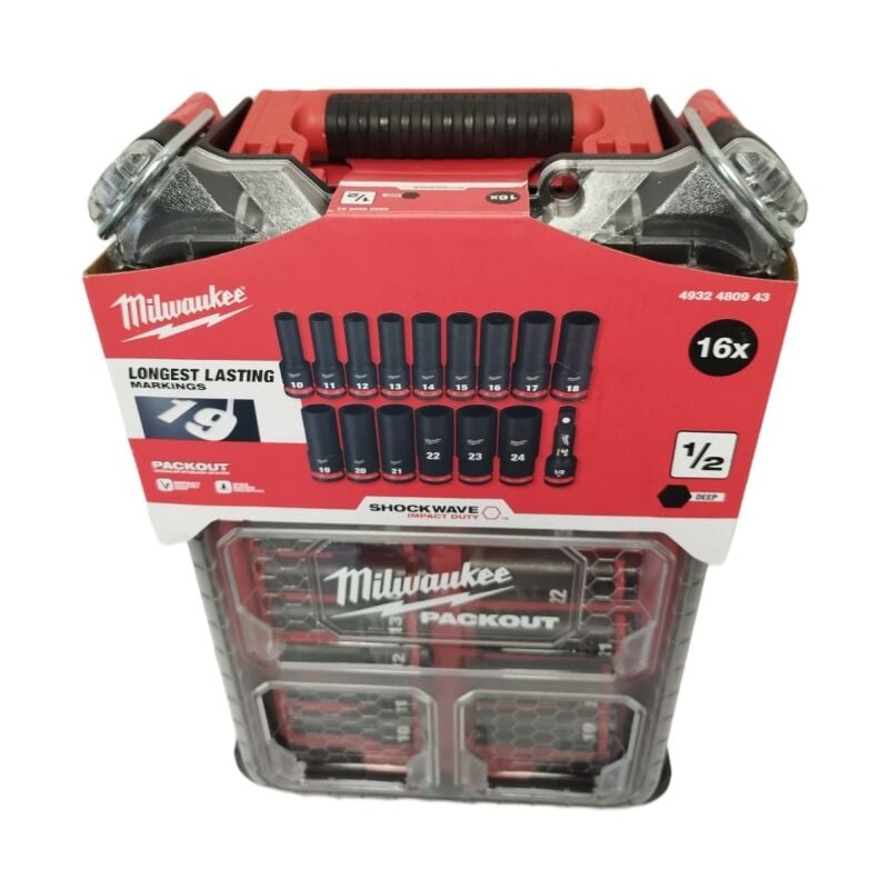 4932480943 Coffret de 16 douilles 1/2 Shockwave longues avec coffret packout - Milwaukee