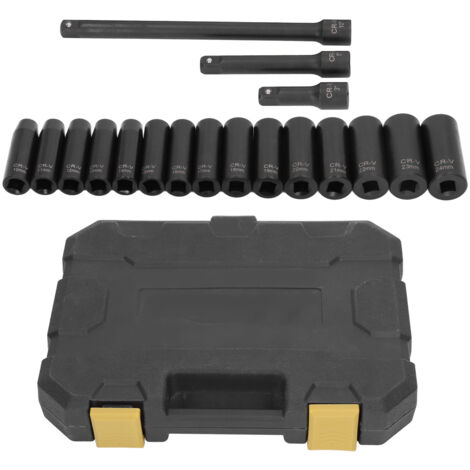Coffret de 18 douilles à impact profondes (1/2") en acier Cr-V, métriques, de 10 à 24 mm, avec rallonges : 76 mm, 127 mm et 254 mm