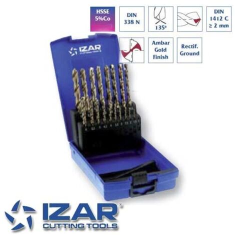 Coffret de 19 forets HSSE 5%Co pour aciers durs – Diamètres de 1 à 10 mm par 0.5 mm – Queue cylindrique – Affûtage 135° – Izar