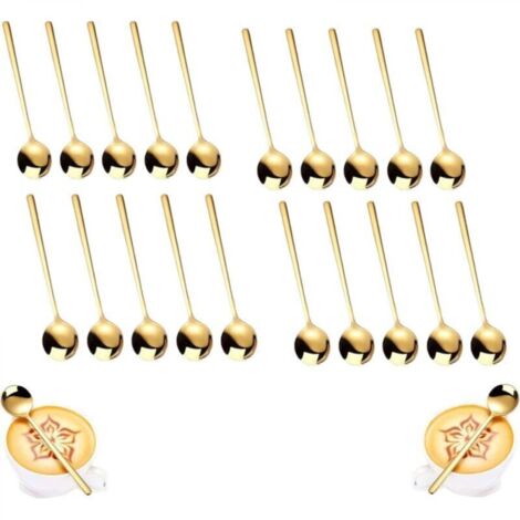 Coffret de 20 cuillères à café rondes en acier inoxydable doré (13 x 3 cm) - cuillères à café et cuillères à expresso en acier inoxydable