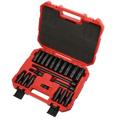 Coffret de 20 douilles à impact profondes métriques 1/2 pouce en acier CrV, finition électrophorèse de surface et gravure, étui rouge.