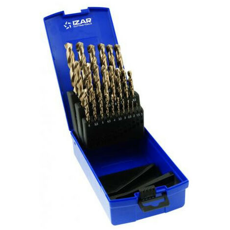 Coffret de 25 forets HSS Cobalt 1016 – Pour perçage acier, inox, titane – Diamètres de 1 à 13 mm – Revêtement TIALSIN – Izar